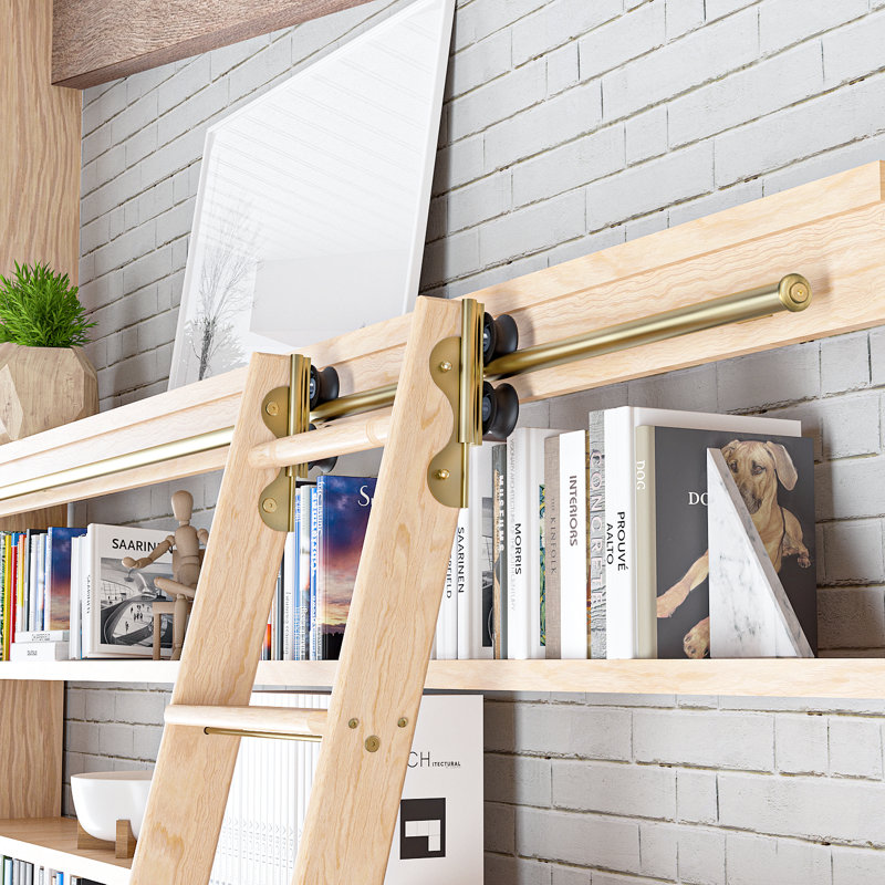 Maple 8.06' 7-Step Wood Rolling Sunburst Wheel Ladder, Brushed Satin Brass