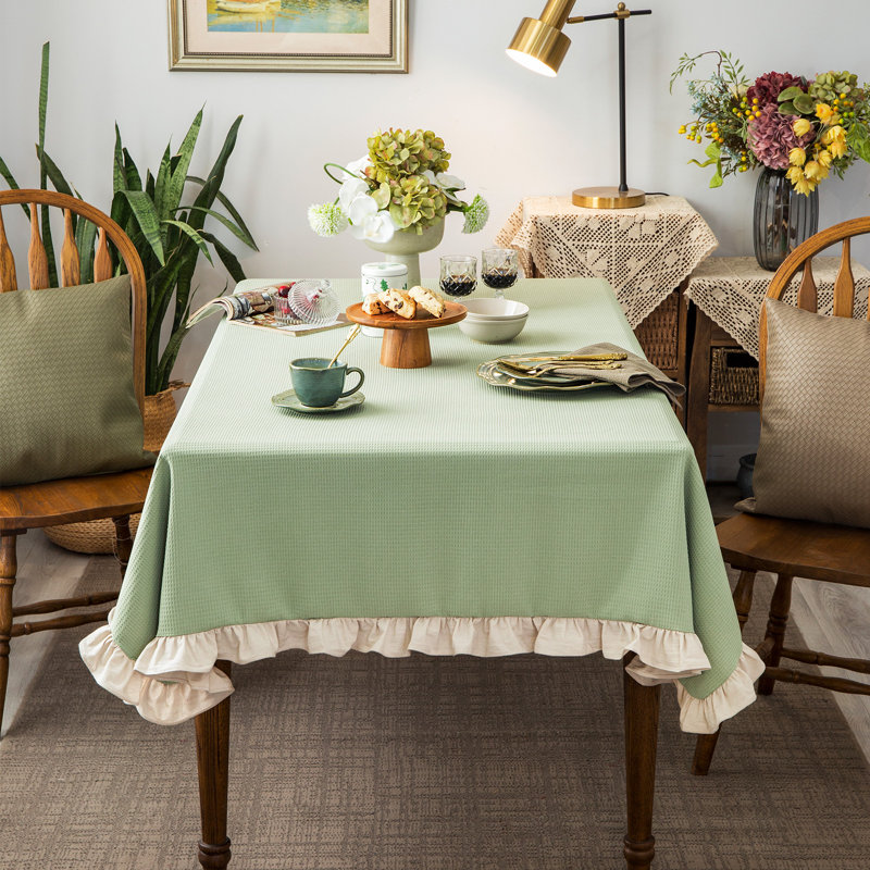 Waffle Weave Textured Rectangle/Oblong Tablecloth With Cotton Retro Ruffle Trim Solid For Farmhouse Decor, 70" L x 52" W
