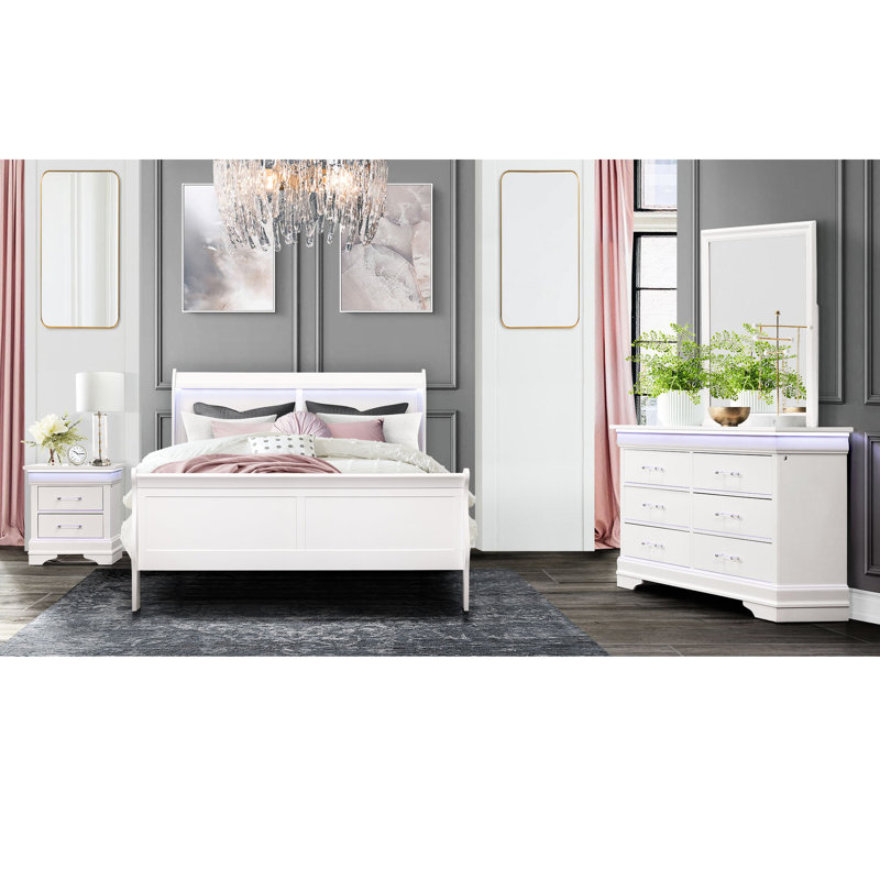 Lit double blanc, éclairage à DEL, lit en configuration moderne, matériau en bois d'hévéa à DEL, sensation contemporaine, style uni et