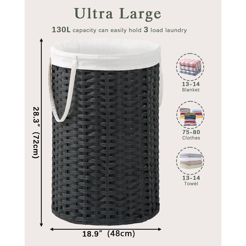 Large Woven Laundry Hamper Basket With Removable Liner And Handles - Handwoven Rattan Design, Sturdy Metal Frame, Foldable For Space Saving, Includes 2 Mesh Bags For Organization