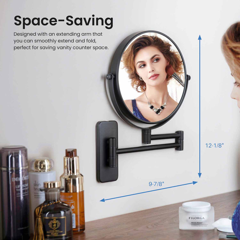 Matte Black Extendable Metal Round Wall Mirror with 5x Magnification