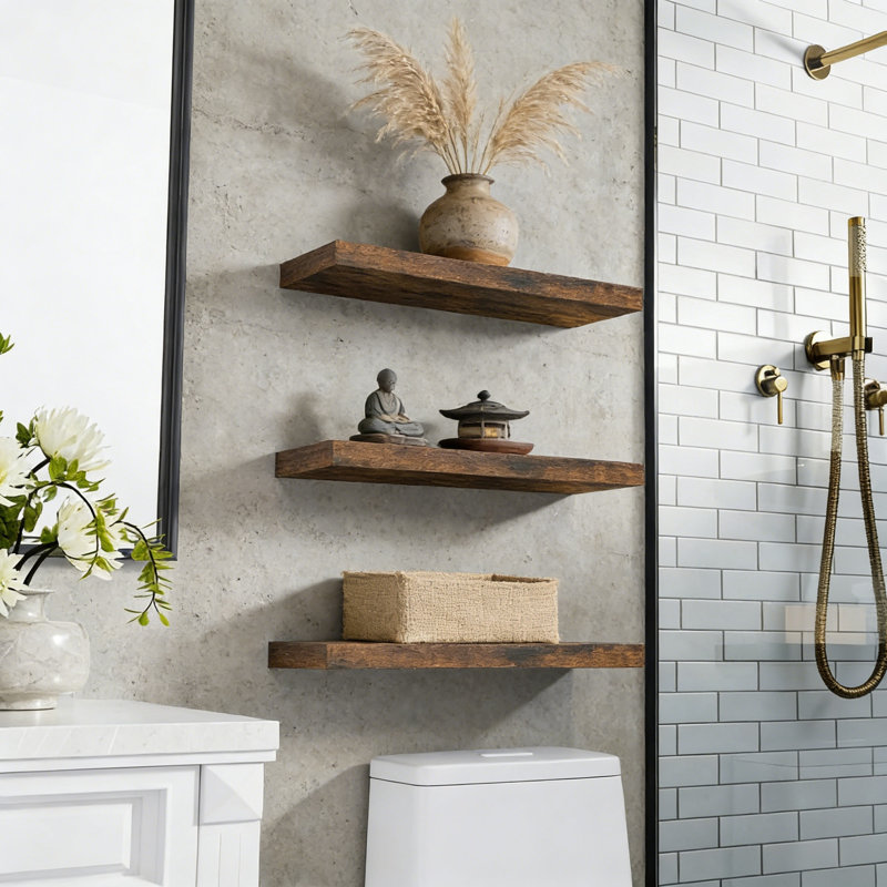 Floating Shelves Bathroom For Wall, Set Of 3 Rustic Wood Shelves Over Toilet For Bedroom Kitchen Living Room Decor, Rustic Brown