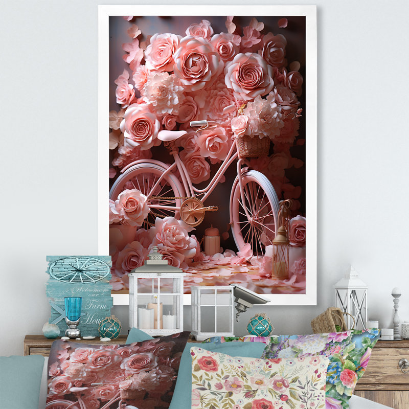 «Bicycle Rose Reverie», art mural sur toile, Cadre simple blanc, H 32 po x l 16 po x P 1 po