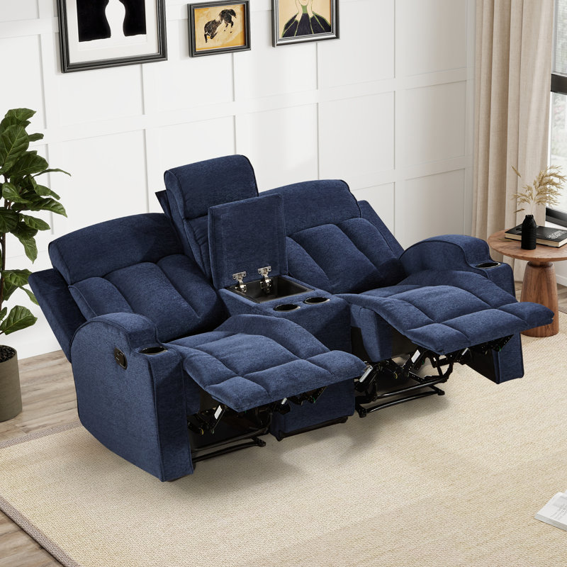 Causeuse inclinable manuelle de 67,32 po de largeur avec porte-gobelets doubles et console centrale, Blue
