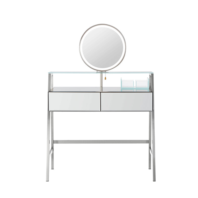 33.9" Mirrored Makeup Vanity Desk With Mirror And Lights, Mirrored Console Vanity Table With 2 Big Drawers & Open Shelf, Dressing Table With Charging Station For Bedroom, Silver