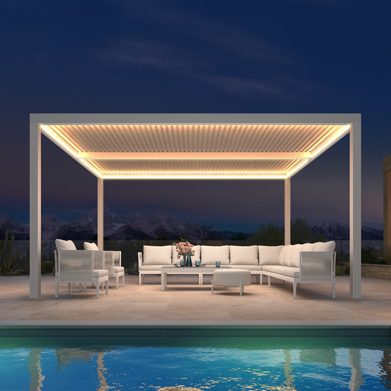 Pergola à persiennes mauve avec ceinture légère Pergola en aluminium blanc avec pavillon rigide et toit rigide imperméable réglable