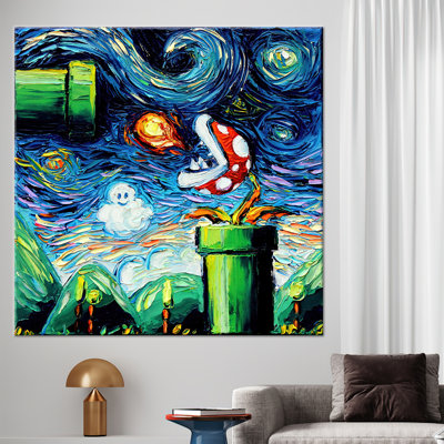 Van Gogh Starry Night Mario World Themed Modern Canvas Wall Art Print