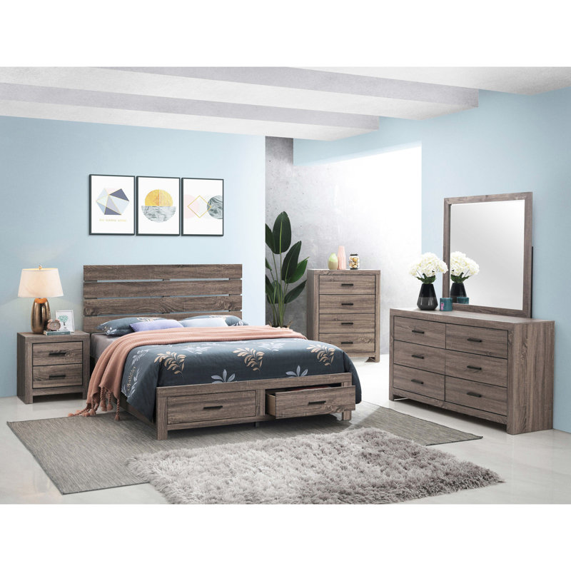 Eastern King Oak Panel Bed With Hidden Storage Compartments, Natural Wood Grain, Build Quality Slatted Headboard And Practical Drawers, No Box Spring Needed Setup