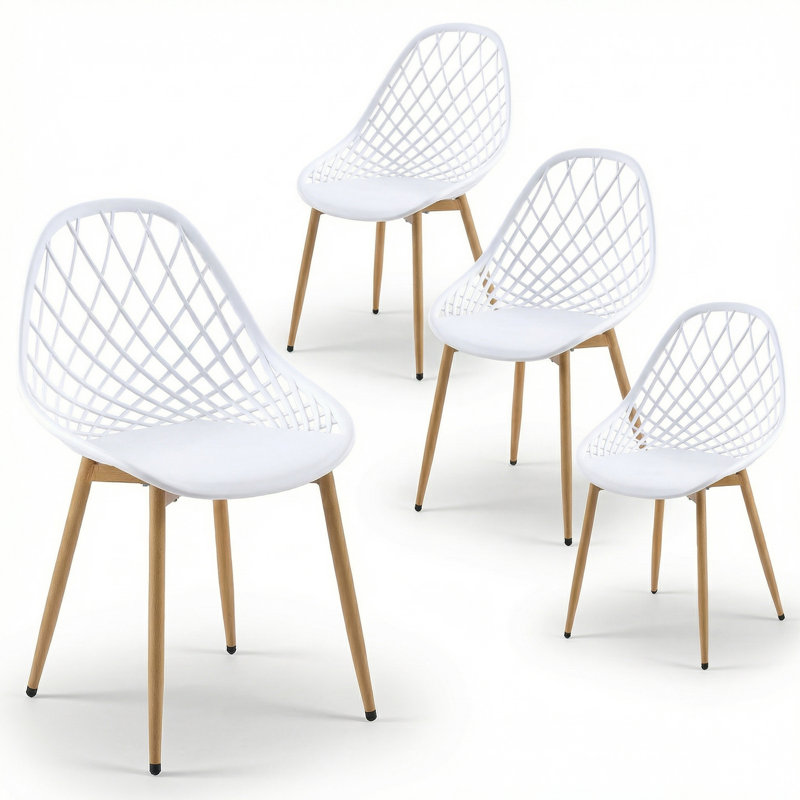 Dining Chair Plastic Seat with Sturdy Metal Legs, White/Natural