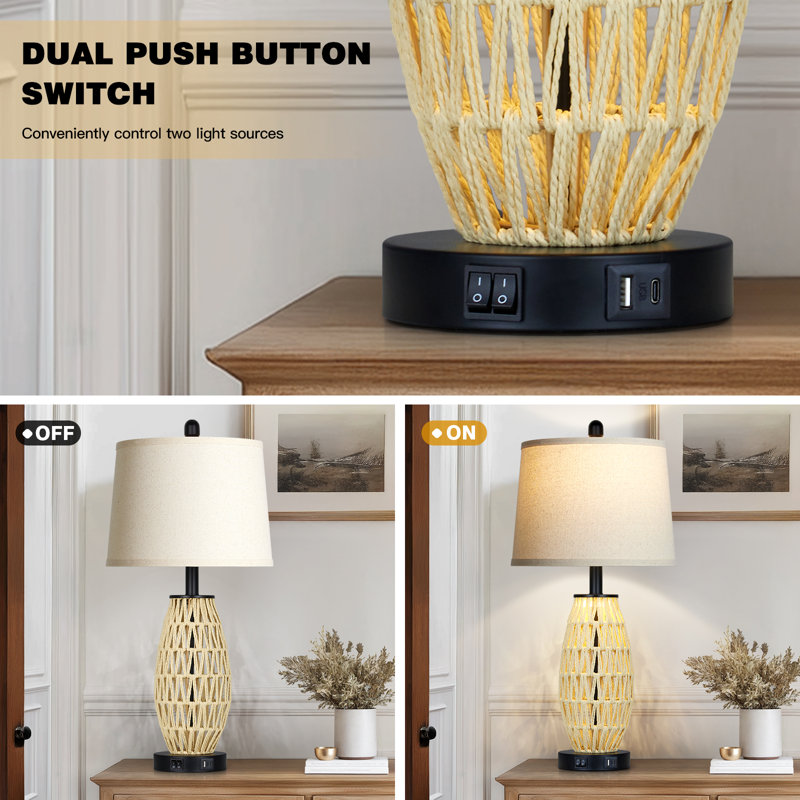 27" Rattan Table Lamps with Night Light & USB/Type-C Ports, LED Bulbs Included, Black/Light Natural