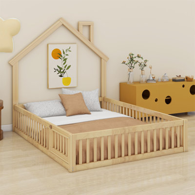 Wood House Platform Bed With Guardrail
