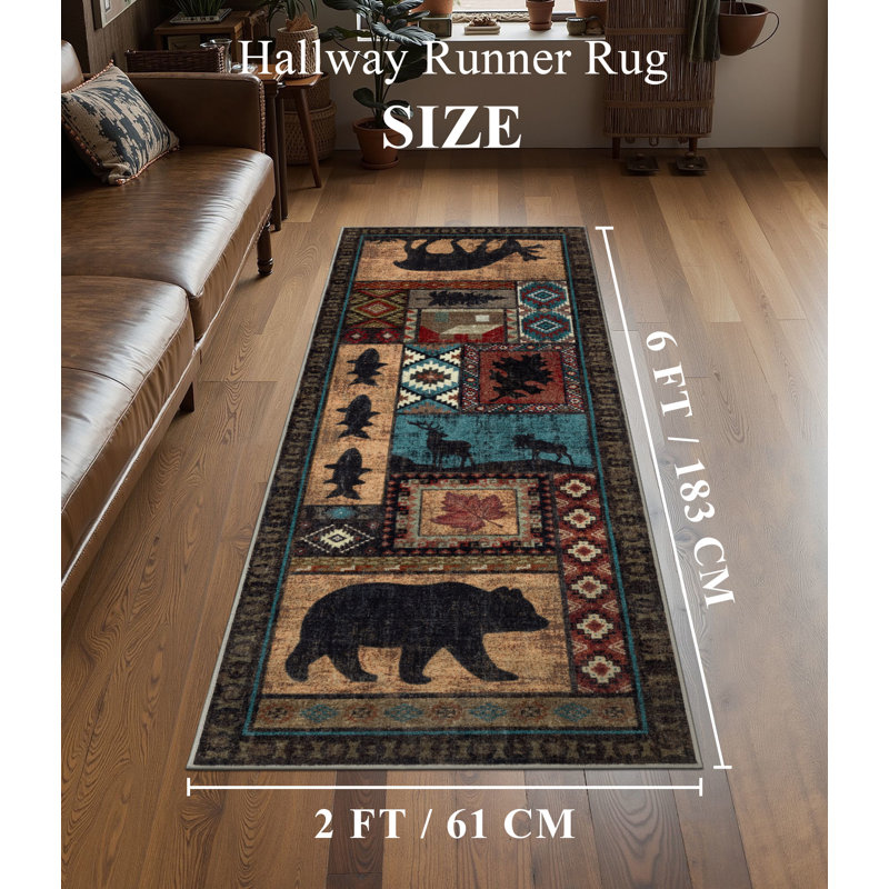 Rustic Lodge Cabin Machine Washable Area Rug with Wildlife Motifs, Runner 2' x 6'