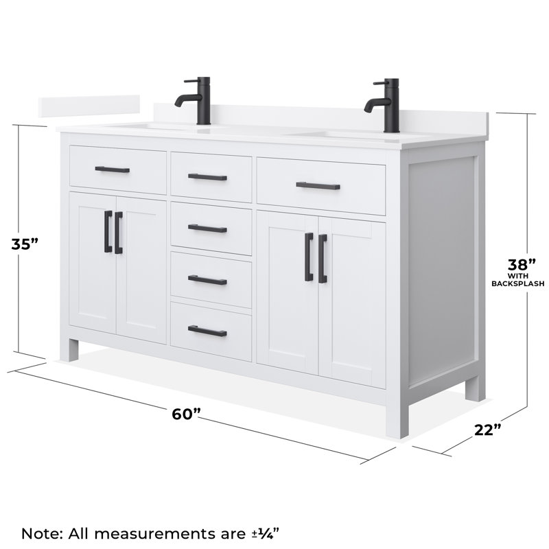 Beckett 60" Freestanding Double Bathroom Vanity with Quartz Top, White, White Quartz, Matte Black