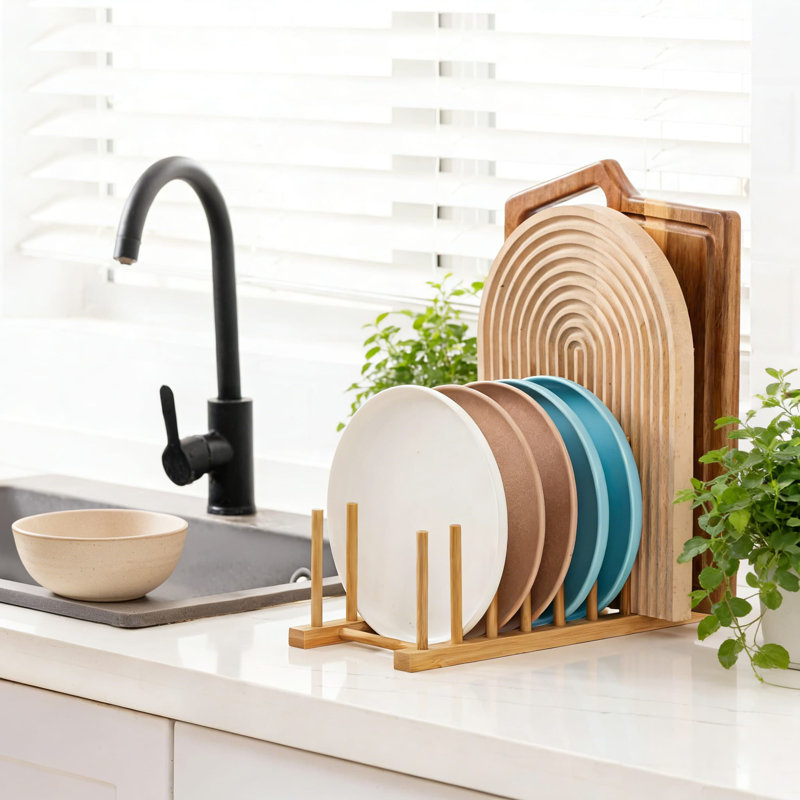 Bamboo Dish Drying Rack And Storage Organizer - Adjustable Multi-Slot Holder For Plates, Bowls, Cutting Boards, Lids, And Cups