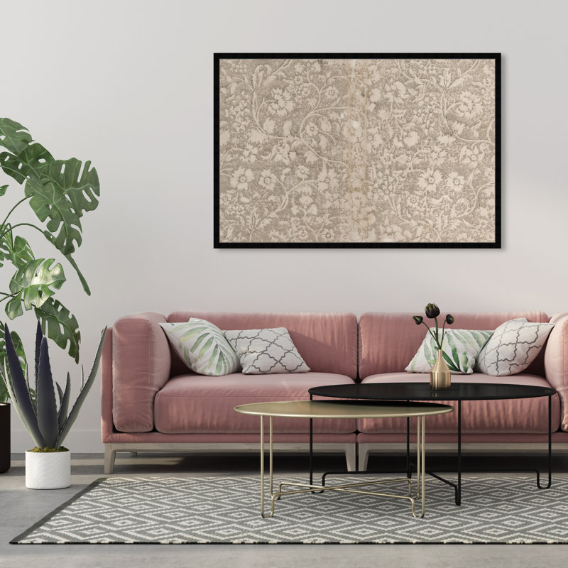 Aesthetic Beige Floral Pattern Canvas by  - Picture Frame Print, H 38 po x l 56 po, Noir