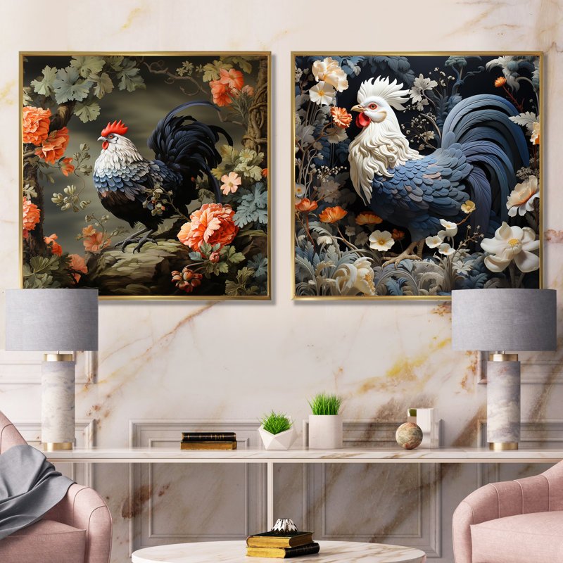 Coq dans le jardin de fleurs I - coq, ensemble de 2 reproductions d'art sur toile, Cadre flottant doré