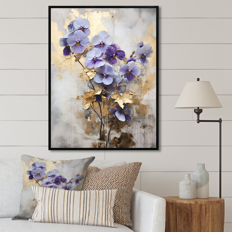 Violette ornée mauve et violette sur fond V, H 44 po x l 34 po x P 1,5 po, Cadre flottant noir