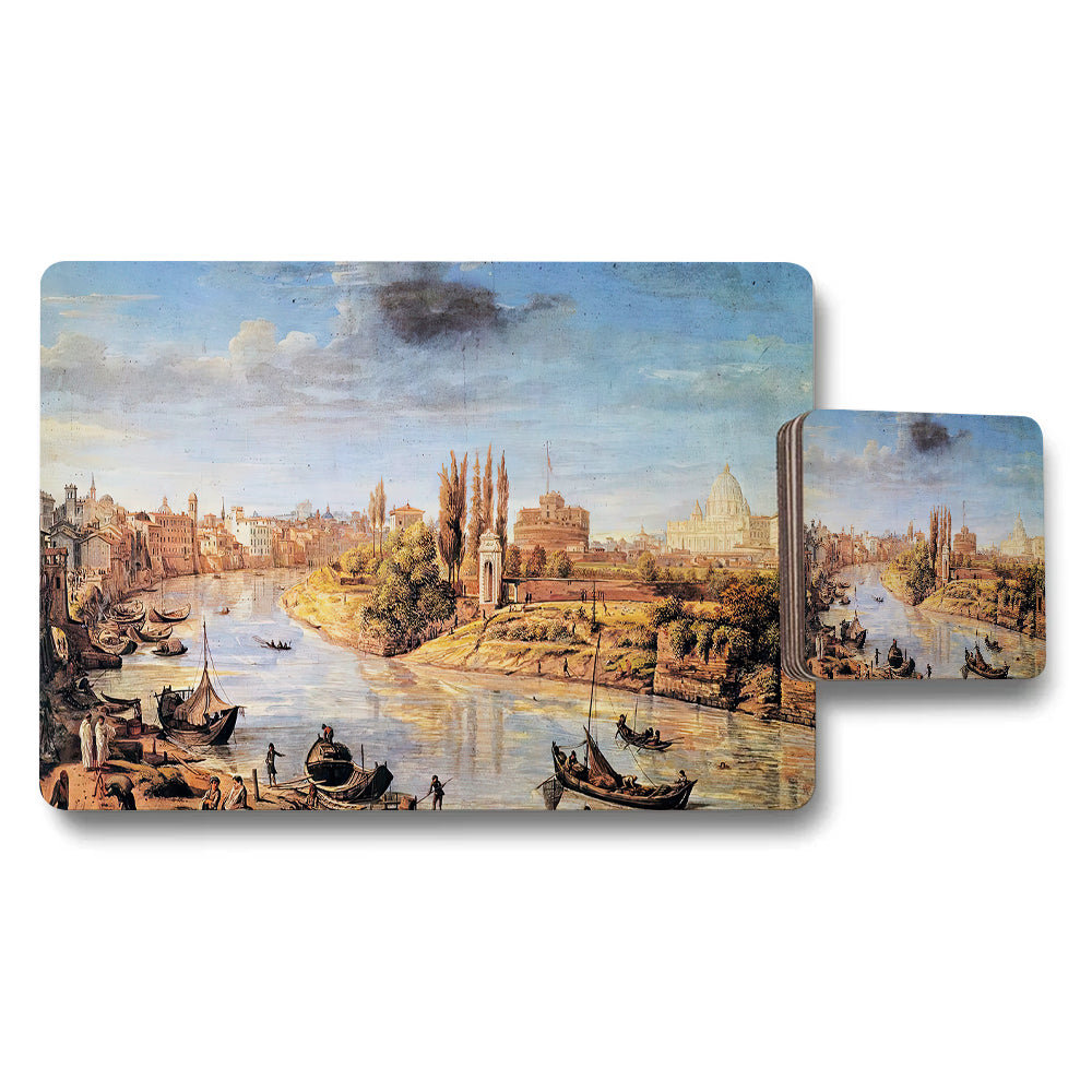 Placemat and Coaster Set Featuring Classic Rome River Cityscape Artwork