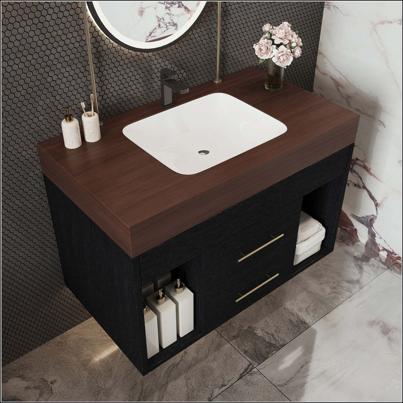Meuble-lavabo mural 29,9 po avec plateau en pierre frittée, Noir, Walnut