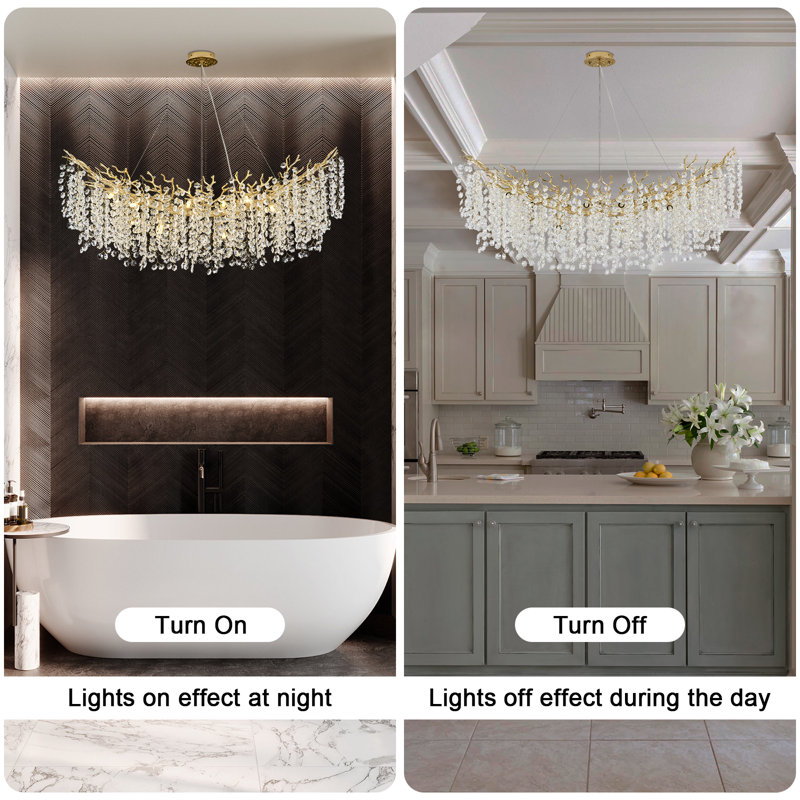 Tree Branch Snow Crystal Chandelier Lighting 47"L, Gold/White