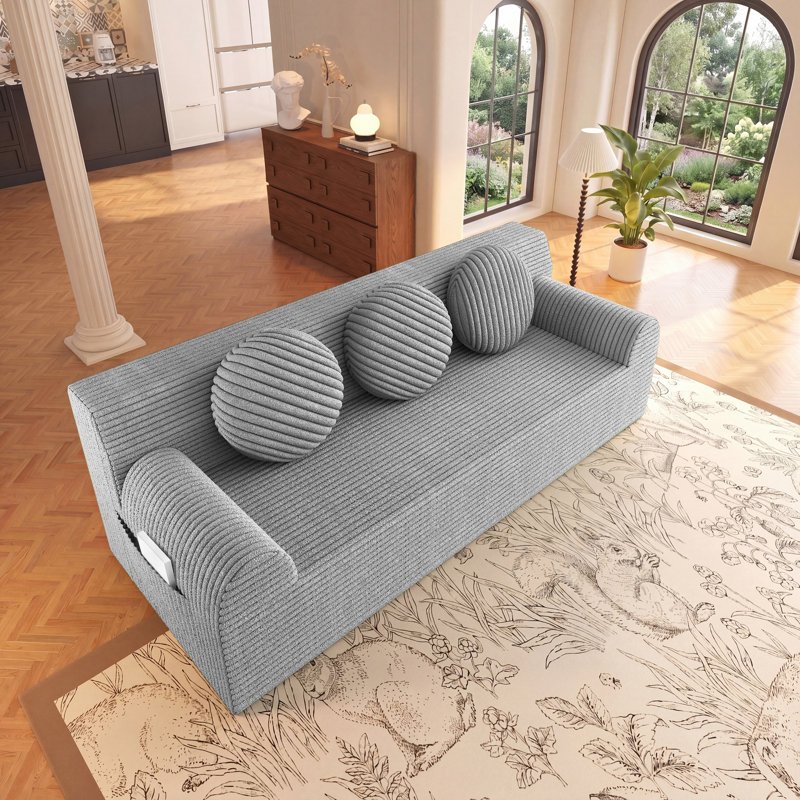 Canapé-lit 71 po, causeuse en velours côtelé avec sièges profonds, canapé 2 places avec 3 coussins et poches latérales pour chambre à coucher, bureau, sans assemblage requis, gris clair