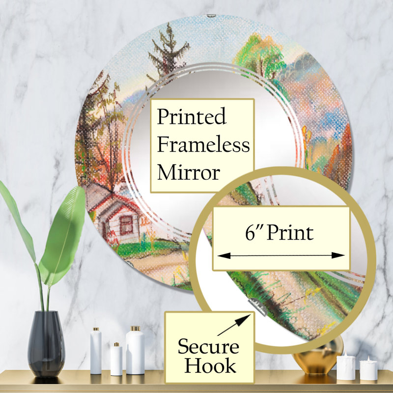 Maisons blanches dans la campagne - Miroir mural rond, 32 po x 32 po