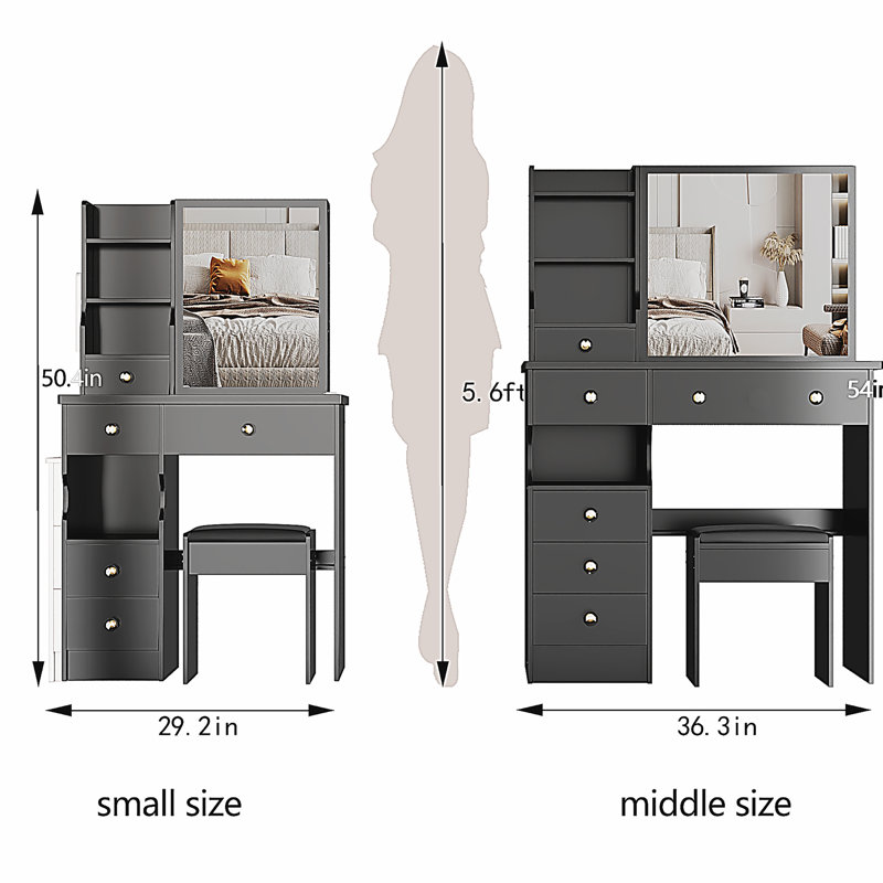 Meuble-lavabo de 37 po avec tiroir de taille moyenne à gauche et tabouret rembourré, très grand miroir coulissant à droite, rangement multicouche à grande capacité, commode pratique et pratique, convient aux grands espaces