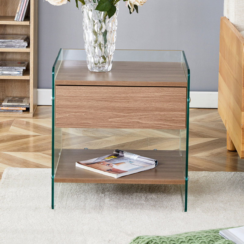 Bedside Table With Drawers.The Board Surface Is MDF With Wood Grain Sticker,And Both Sides Are Transparent Tempered Glass.The Design Is Simple,Elegant, With Excellent Storage Functions.Coffee Table.