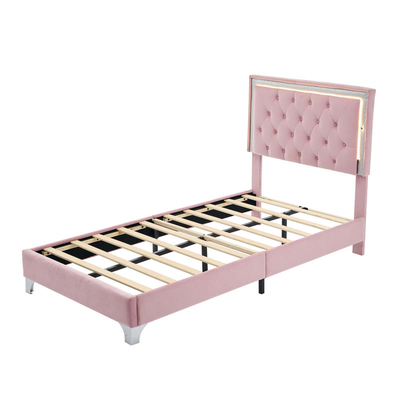 Grand cadre de lit tapissier grand avec lumières DEL, velours rose avec tête de lit capitonnée, Rose, Grand