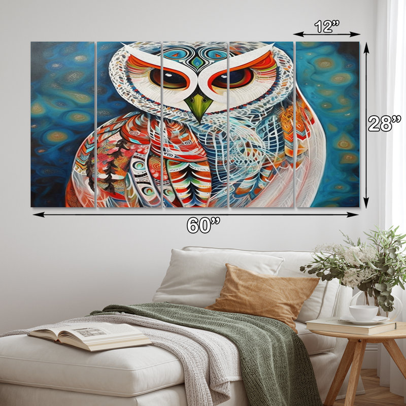 «White Owl Magic II», art mural toile animaux - 5 panneaux égaux