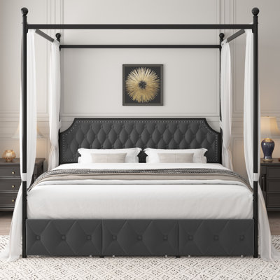 Artevious Upholstered Velvet Canopy Bed with Drawers