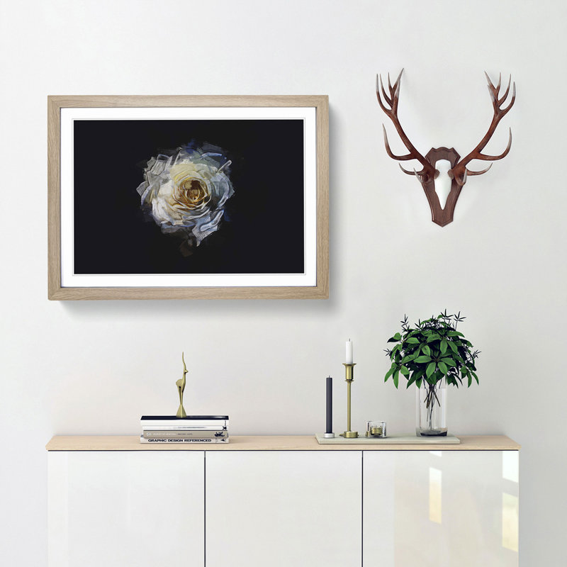 A Crisp White Rose in Abstract - Picture Frame Graphic Art Print, 27cm H x 36cm W x 2cm D, Oak Framed