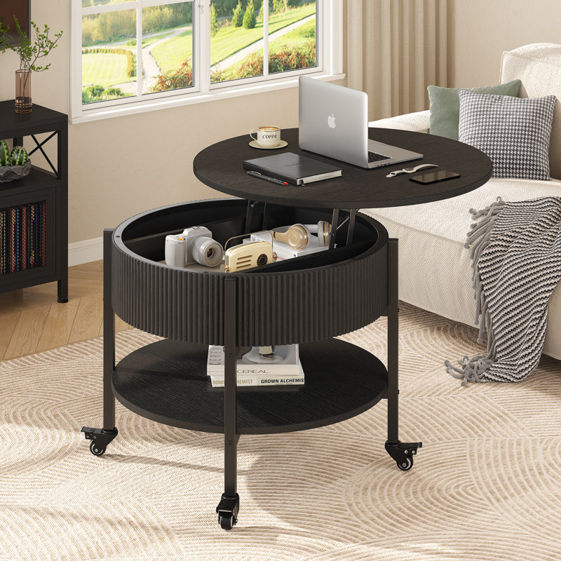 Round Coffee Table With Wheels, Black