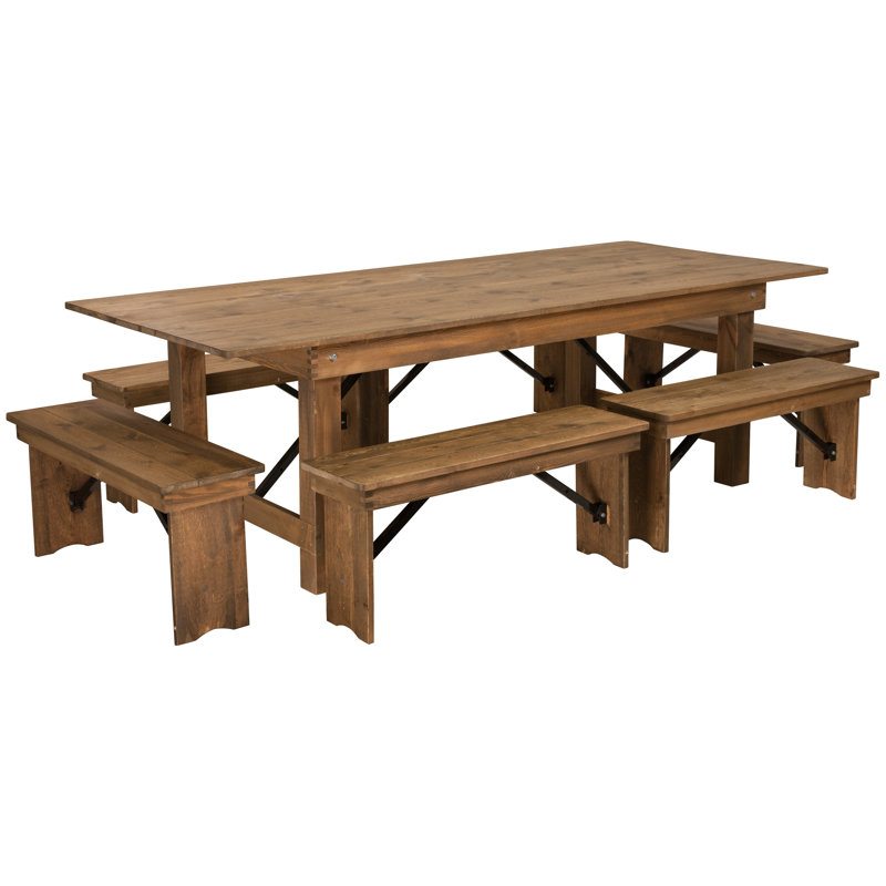 Dejon 8' x 40" Antique Rustic Folding Farm Table and Six Bench Set, 30  H x 40  W x 96  L