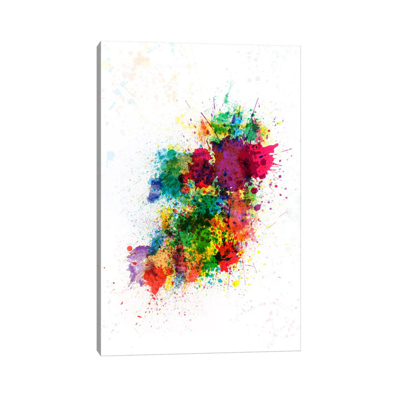 Ireland Map Paint Splashes by Michael Tompsett - Wrapped Canvas Painting, 30.48 cm H x 45.72 cm W