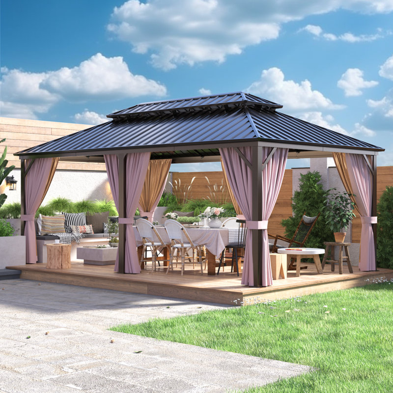 Extra Large Brown Metal Patio Gazebo with Dual Track Curtains