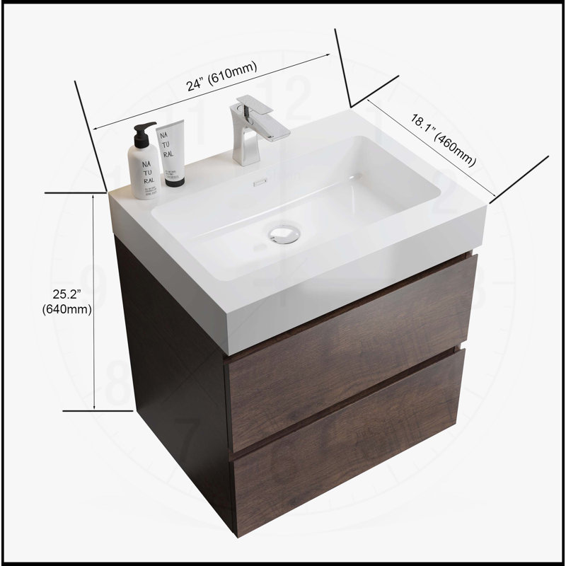 Meuble-lavabo pour salle de bain moderne avec lavabo noir, fixé au mur et flottant, 24", Noyer