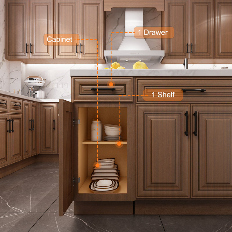 HomLux Plywood Ready-to-Assemble Base Cabinet with Adjustable Shelves and Soft Close, Cameo Scotch, 12" H x 34.5" W