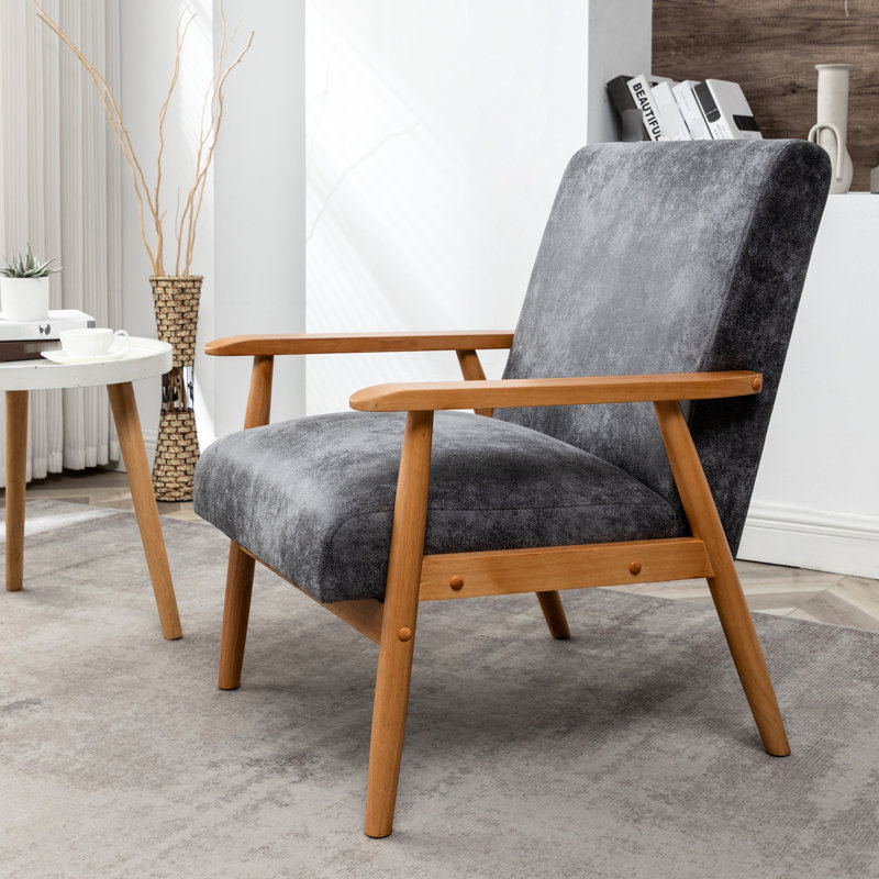 Fauteuil de style Mid-Century moderne de 24,97 po de largeur, accoudoirs en bois massif gris, facile à assembler et à nettoyer, siège en mousse confortable, fauteuil en microfibre élégant, attrayant, confortable et élégant