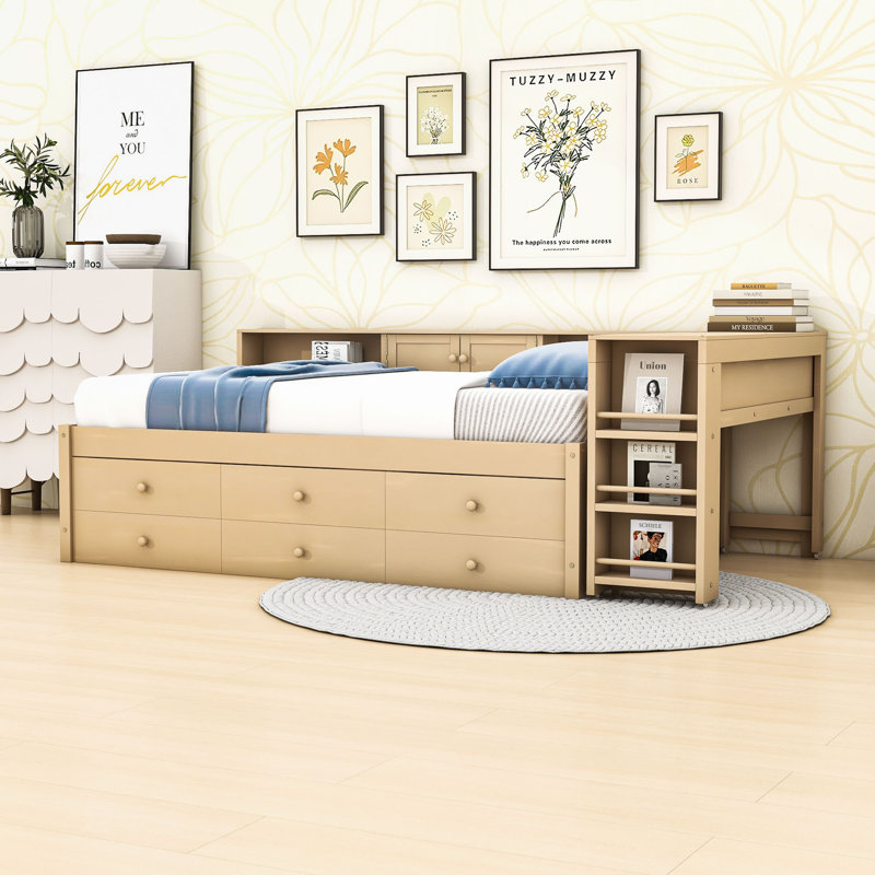 Multifunctional L-Shaped Daybed with Trundle, Built-In Desk, Drawers and Storage Shelves, Twin, Golden