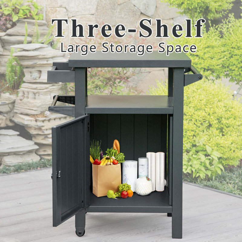 Chariots de gril pour l'extérieur avec rangement et roues, table portative en métal et armoire de rangement pour barbecue, terrasse, patio, cour arrière