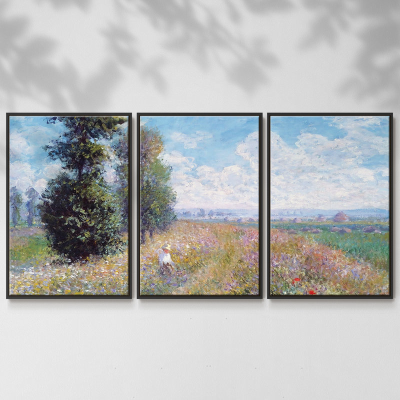 Meadow with Poplars, 1875, ensemble de 3 pièces encadrées sur toile, Cadre noir, H 24 po x l 48 po x P 2 po