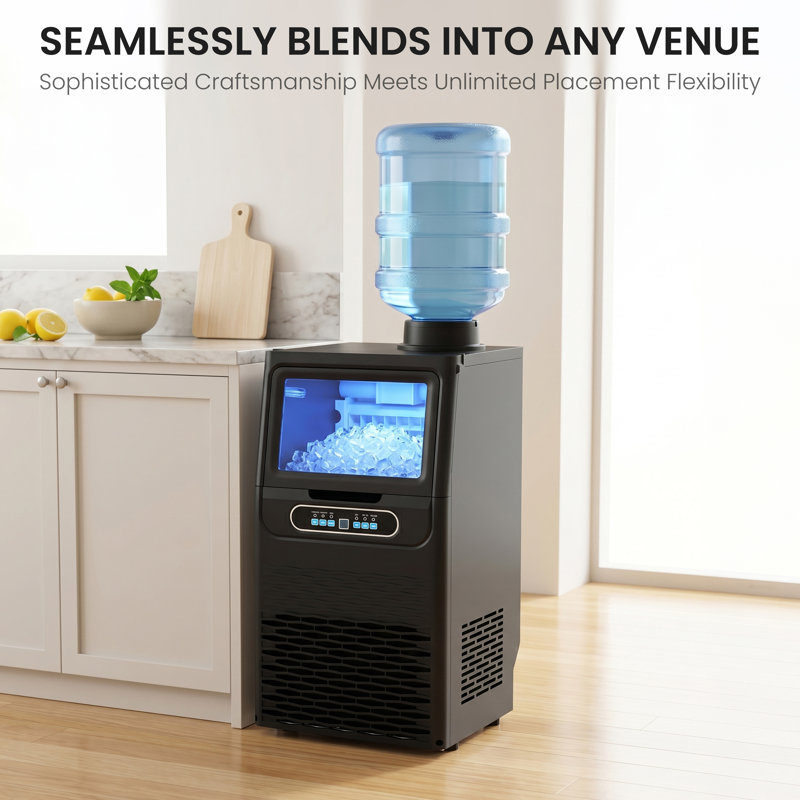 13,5 po. Machine à glaçons commerciale autoportante noire avec 100 lb Production quotidienne de glace, 18 lb Bac à glaçons, cube de glaçons pleine grandeur et panneau de commande ACL