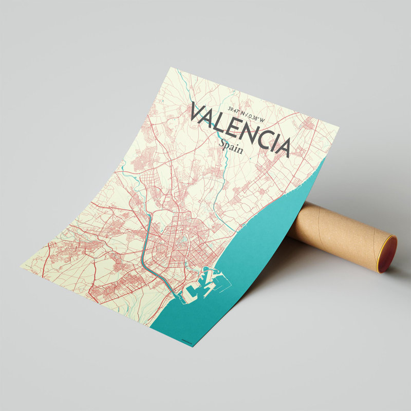 Valencia, carte de la ville, impression, H 20 po x l 16 po, Vert / beige