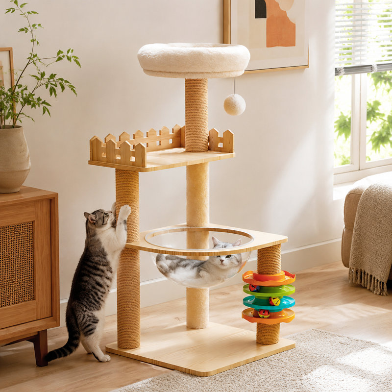 Tour à chat 39,3 po - Arbre à chat en bois avec hamac en acrylique et jouets, naturel / blanc 39,3 po