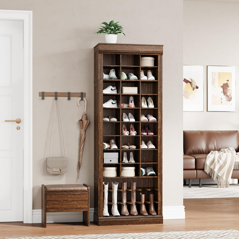 10-Tier Wooden Shoe Storage Cabinet with 27 Cubbies – Tall Freestanding Shoe Organizer for Entryway & Living Room, Brown