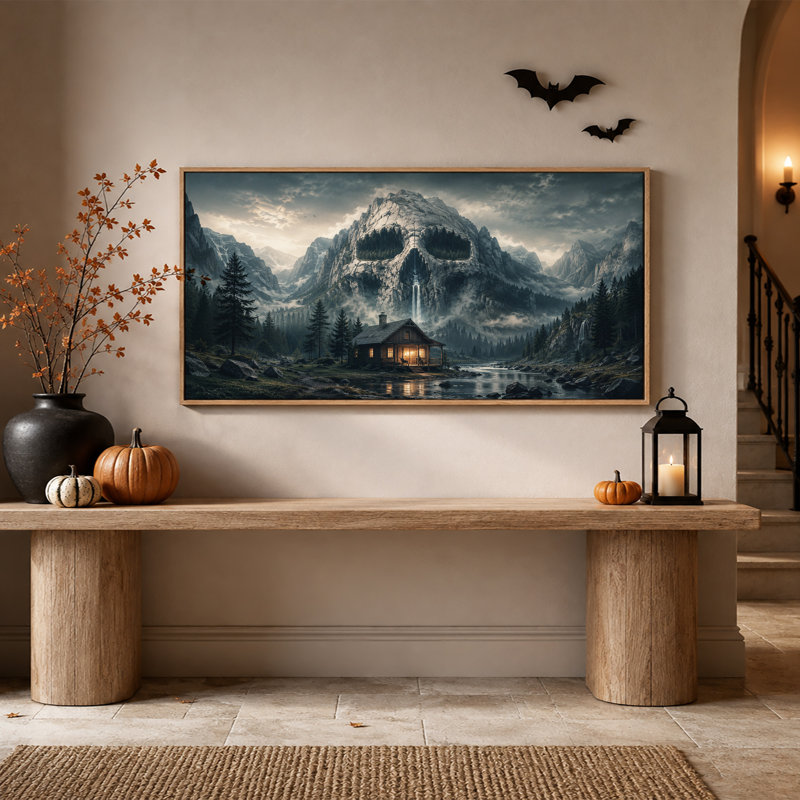 Toile murale surréaliste représentant une montagne de crânes avec cascade et éclairage d'Halloween, L 58 po x H 28 po