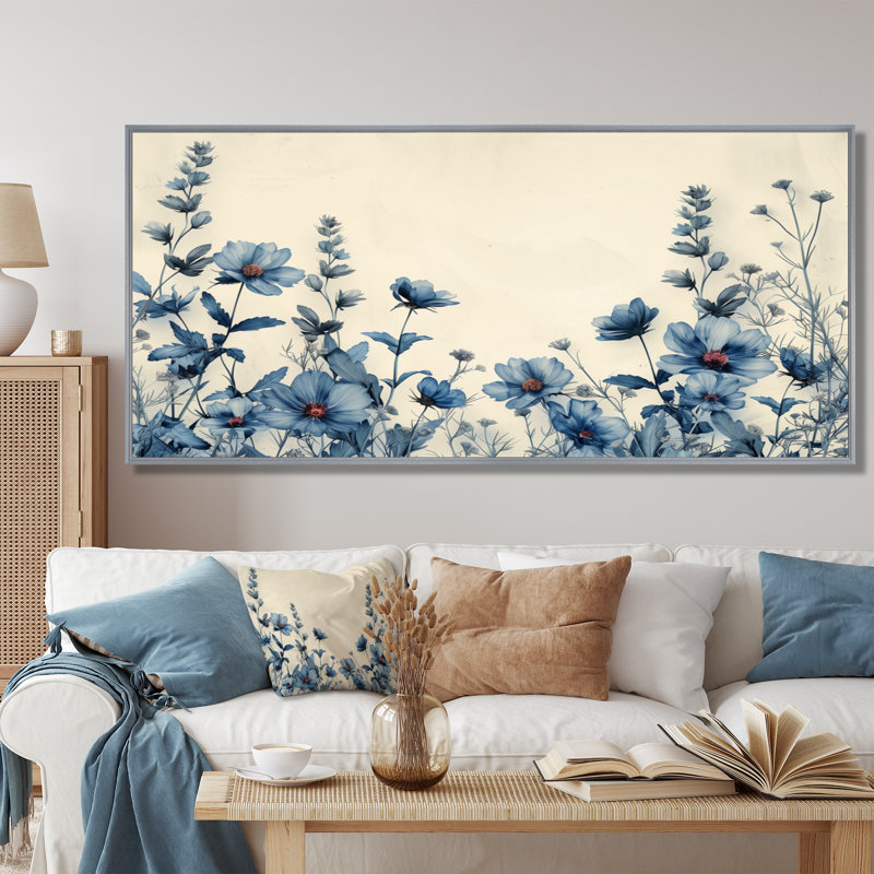 Fleur de cerisier bleu et bleu II - art mural salon de fleurs de cerisier, Encadrement argenté, H 28 po x l 60 po x P 1,5 po