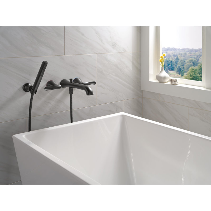 Two Handle Wall Mount Tub Filler Trim with Hand Shower, Matte Black