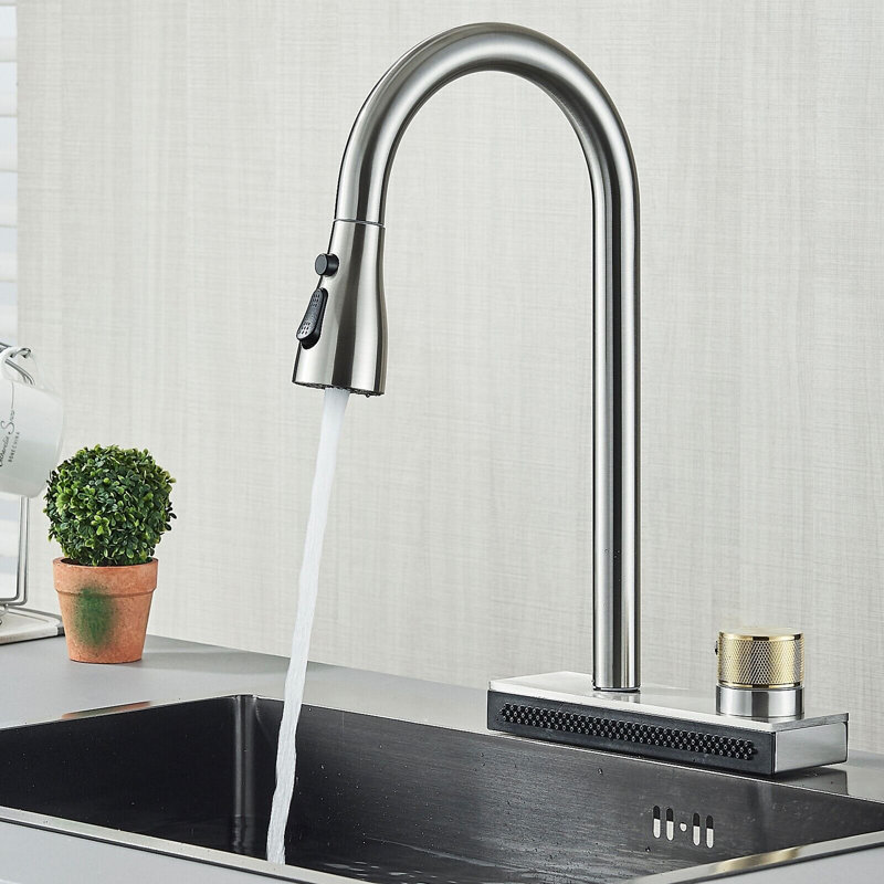 Senlesen Pull Down Kitchen Faucet, Brushed Nickel/Gold